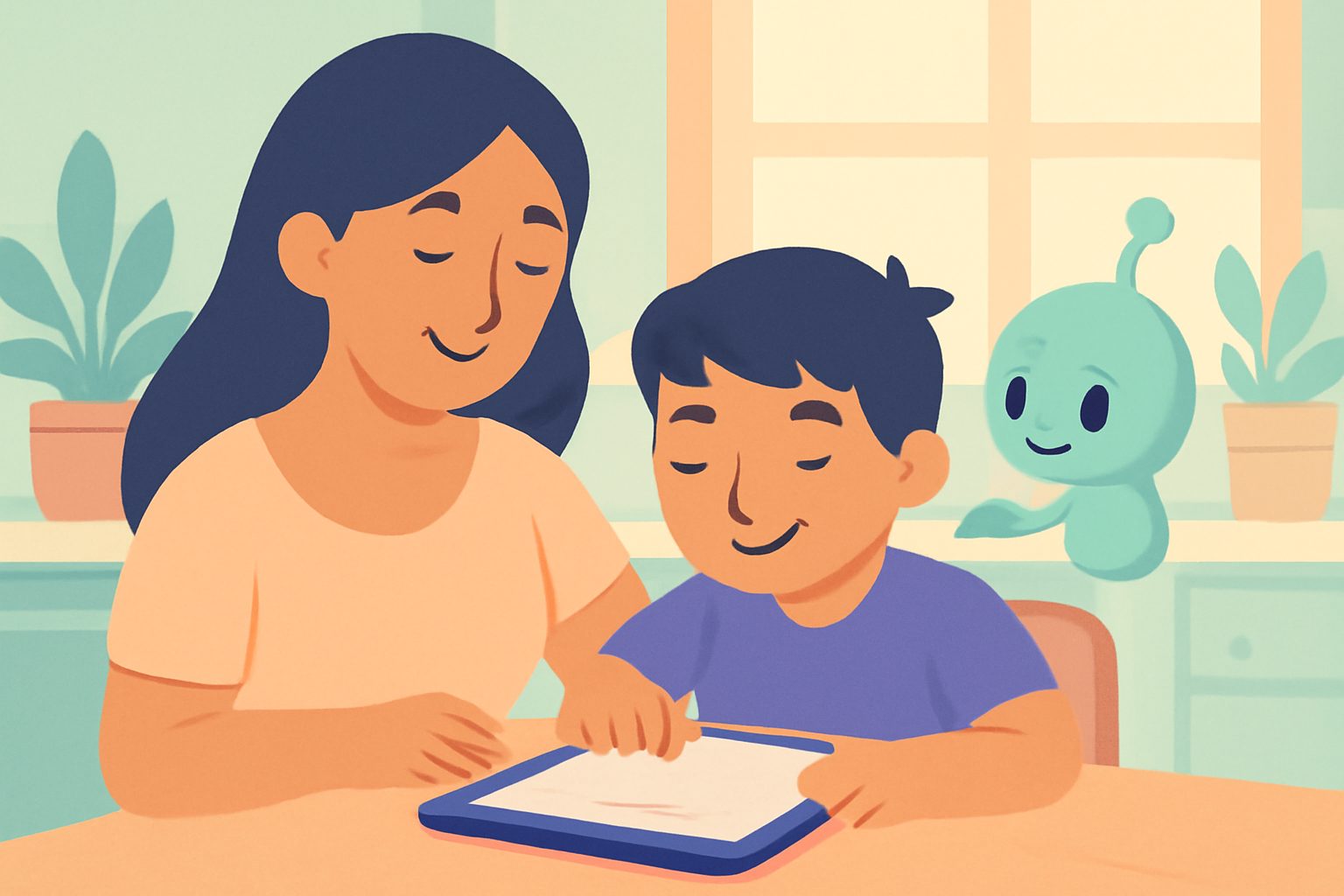 Mamá e hijo haciendo la tarea con Lumix, la mascota de TutorIA